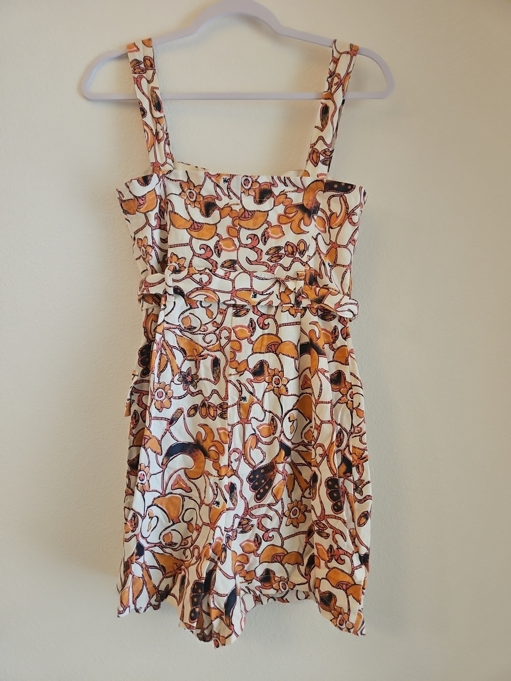 House Of Harlow 1960 Floral Print Romper Orange & Cream Belted Linen Blend NEW - Picture 2 of 10